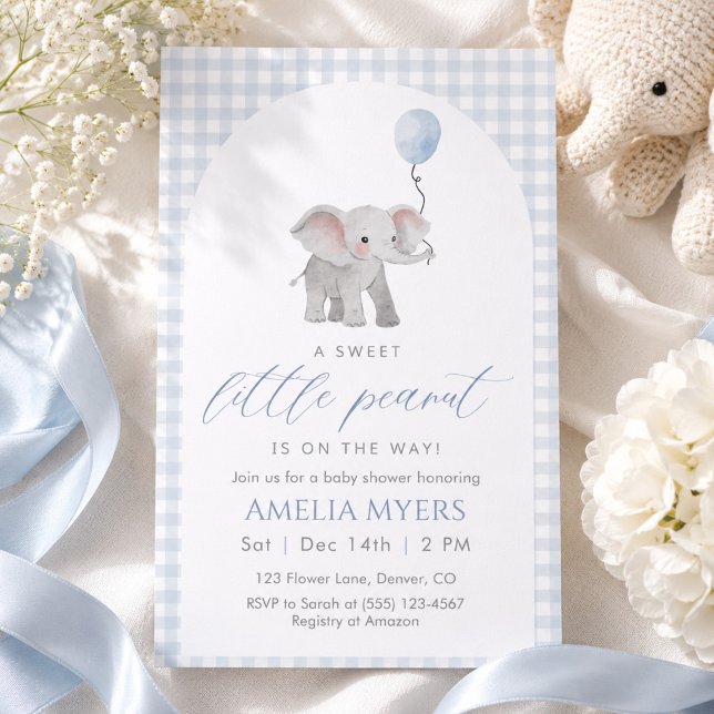 Invitation Baby Shower Garçon Eléphant Gingham Bleu (Créateur téléchargé)