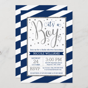 Invitation Baby shower Garçon en argent bleu marine