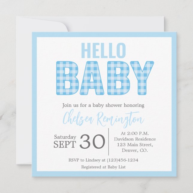 Invitation Baby shower garçon - En vichy bleu (Devant)