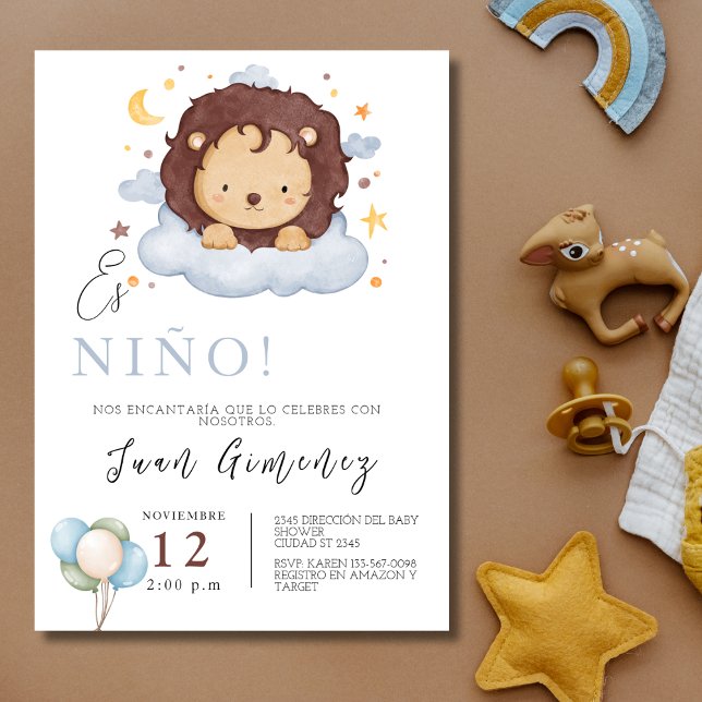 Invitation Baby shower Garçon espagnol Lion Qr Code Baby Regi (Spanish Boy Baby Shower Lion Qr Code Baby Registry Invitation)