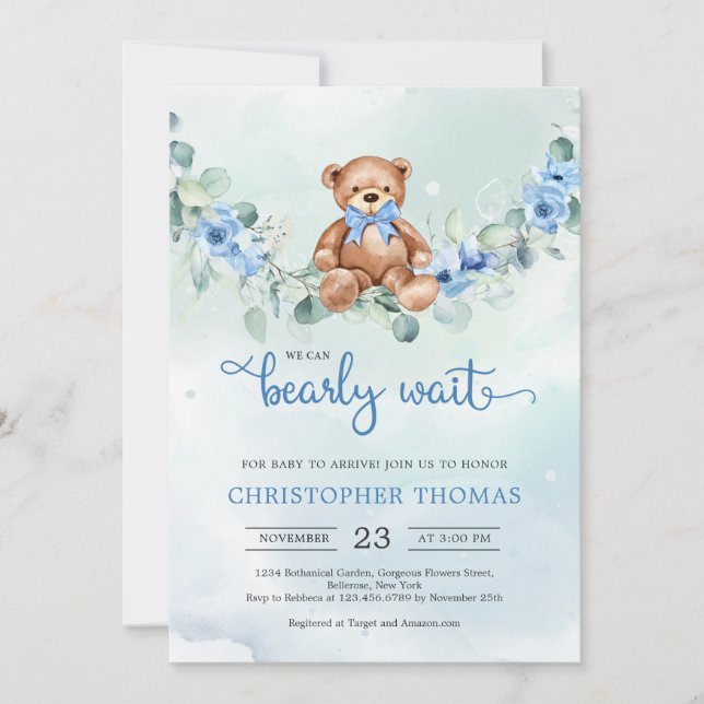 Invitation Baby shower Garçon Eucalyptus de l'ours en peluche (Devant)