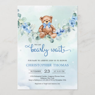 Invitation Baby shower Garçon Eucalyptus de l'ours en peluche