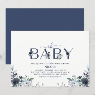 Invitation Baby Shower Garçon Fleur Bohème Bleu Marine