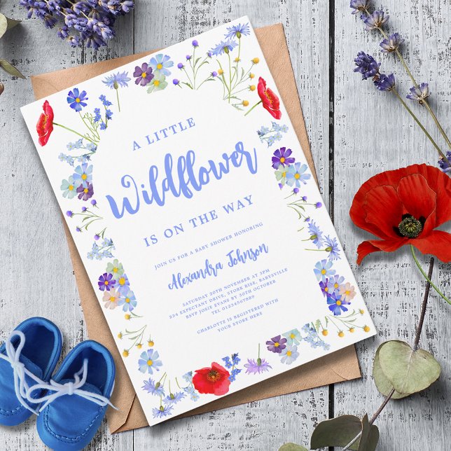 Invitation Baby shower garçon Fleur sauvage coloré (A little wildflower boy baby shower invitation with watercolor spring summer florals)