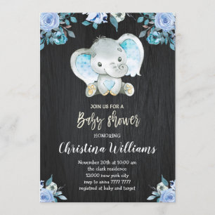 Invitation Baby shower garçon Fleurs bleu rustique Elephant