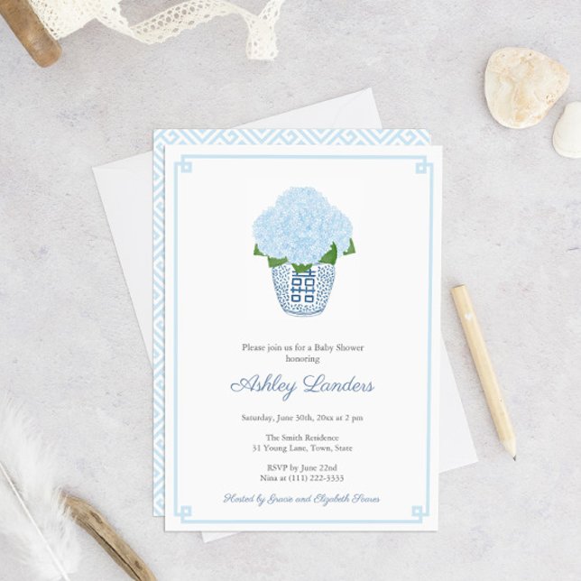 Invitation Baby Shower Garçon Fleurs d'Hydrange Bleu Chic Chi (Baby Shower Party for boy invite with pale blue hydrangeas in a navy blue and white ginger jar vase)