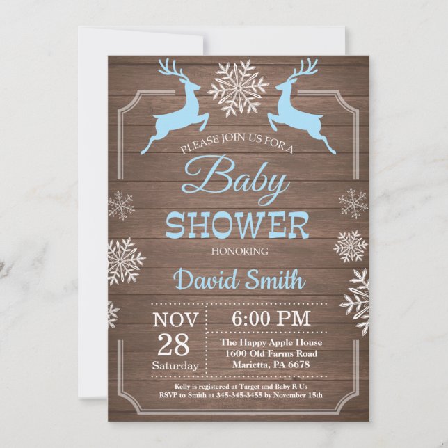 Invitation Baby Shower Garçon Flocon de Neige Cerf Hiver Rust (Devant)