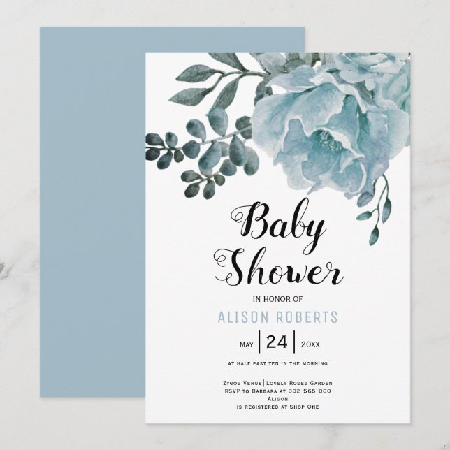 Invitation Baby shower garçon floral bleu-duvet (Devant / Derrière)