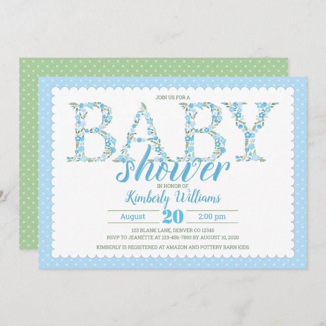 invitation baby shower garçon floral bleu vert (Devant / Derrière)