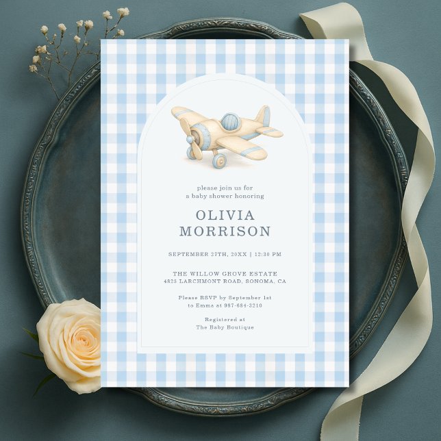 Invitation Baby Shower Garçon Gingham Bleu Avion (Créateur téléchargé)