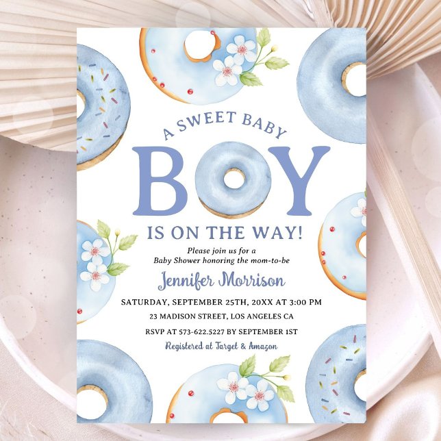 Invitation Baby Shower Garçon Gingham Bleu Donuts (Créateur téléchargé)