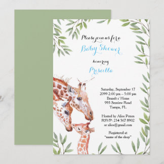Invitation Baby shower GARÇON, girafe, blanc, amande, feuille