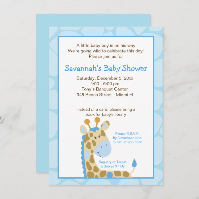 Invitation Baby shower Garçon Giraffe Bleu (Devant / Derrière)