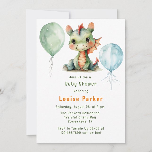 Invitation Baby shower Garçon Green Orange Dragon (Devant)