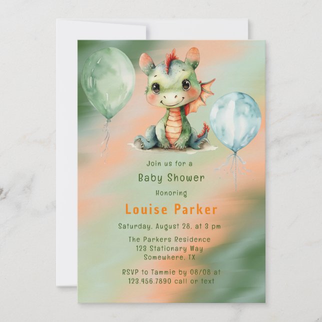 Invitation Baby shower Garçon Green Orange Dragon (Devant)