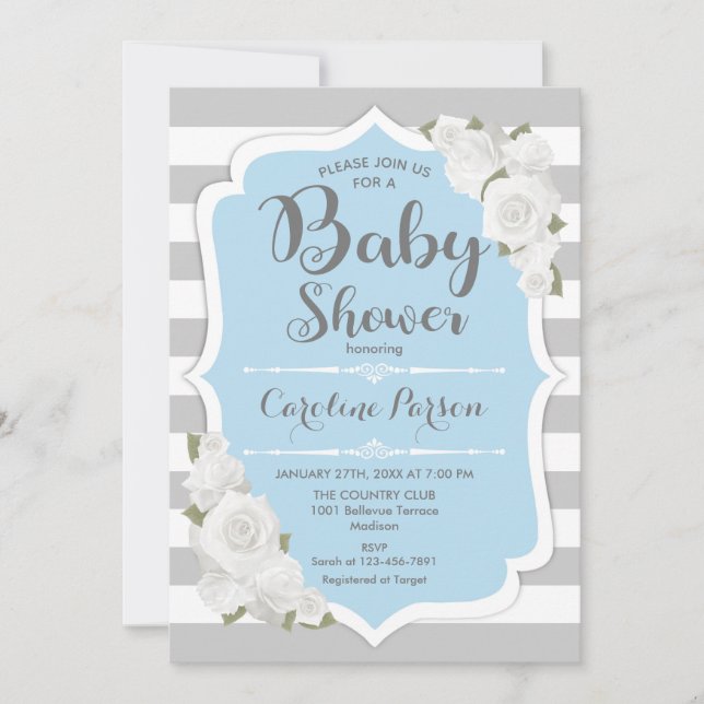 Invitation Baby shower garçon - gris bleu (Devant)