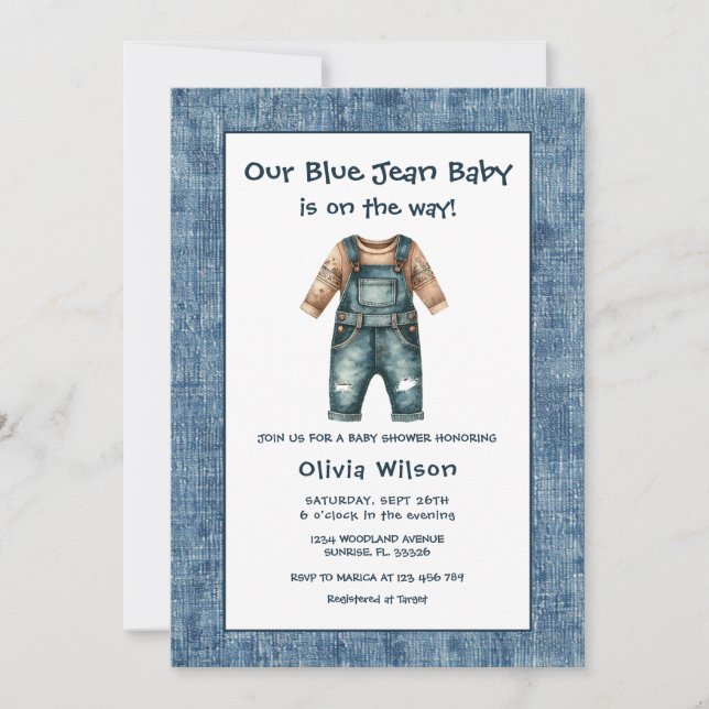 Invitation Baby-Shower Garçon Jean Bleu Rustique (Devant)