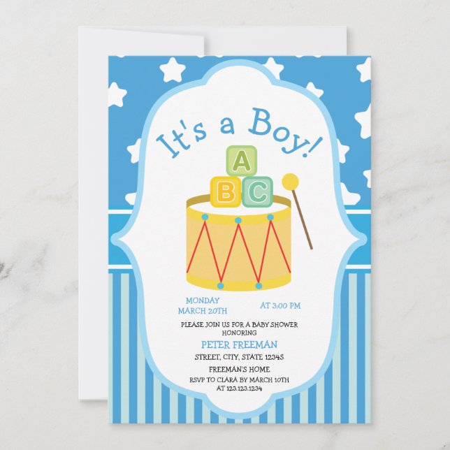 Invitation Baby shower garçon jouets bleu et blanc mignon (Devant)