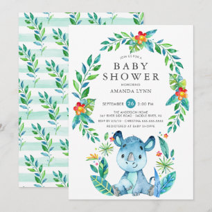 Invitation Baby shower garçon Jungle Blue Rhinoceros