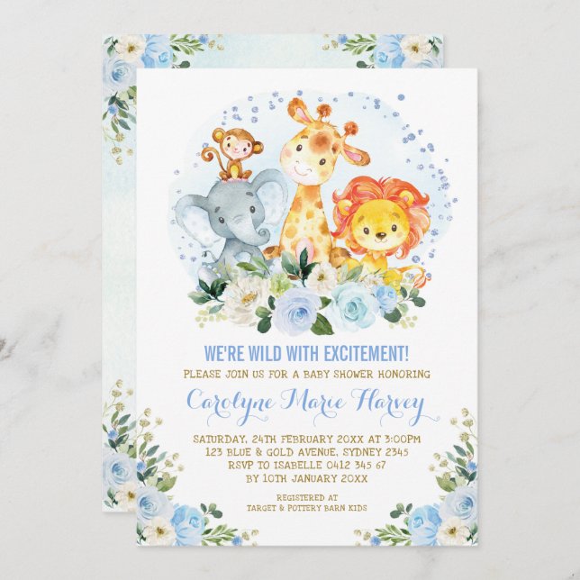 Invitation Baby shower-garçon Jungle Safari aux fleurs bleues (Devant / Derrière)