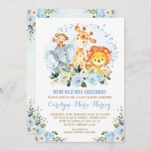 Invitation Baby shower-garçon Jungle Safari aux fleurs bleues