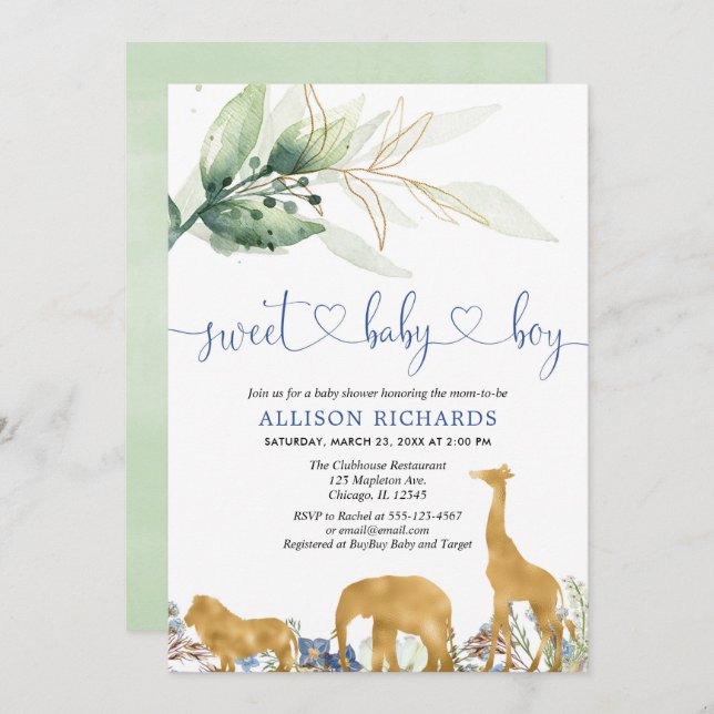 Invitation Baby shower garçon jungle safari bleu et vert (Devant / Derrière)