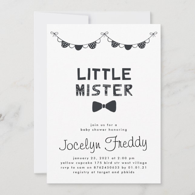 Invitation Baby shower Garçon Little Mister noir & blanc (Devant)