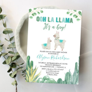 Invitation Baby shower garçon Llama et cactus