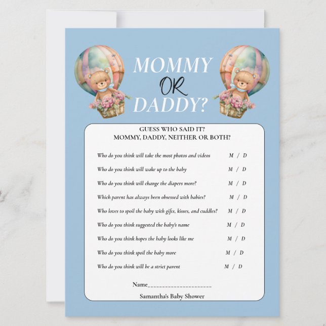 Invitation Baby shower garçon maman ou papa Hot Air Balloon (Devant)