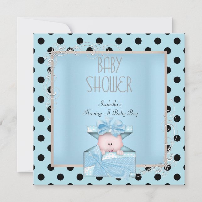 Invitation Baby-Shower Garçon Mignon Bleu Blanc Noir (Devant)