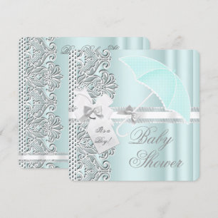 Invitation Baby shower Garçon Mint bleu gris blanc dentelle