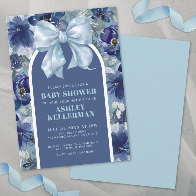 Invitation Baby shower garçon : nœud floral bleu (Blue Floral Boy Baby Shower Invitation)