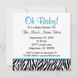 Invitation Baby shower Garçon noir blanc bleu Zebra S02