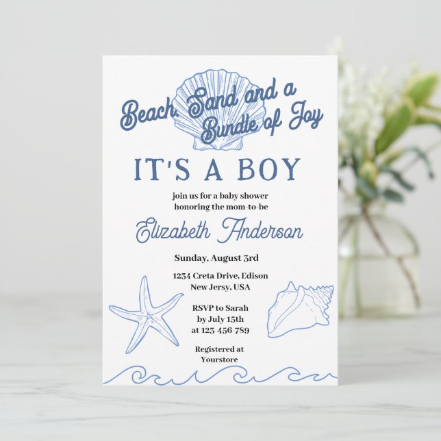 Invitation Baby Shower Garçon Océan Bleu Plage (Debout devant)