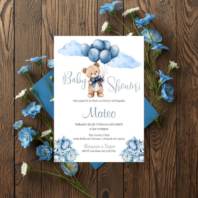 Invitation Baby Shower garçon ours bleu espagnol (Créateur téléchargé)