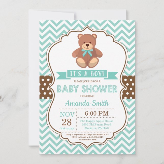 Invitation Baby shower Garçon ours en peluche Aqua Chevron (Devant)