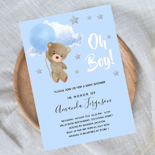 Invitation Baby shower garçon ours en peluche bleu étoiles lu