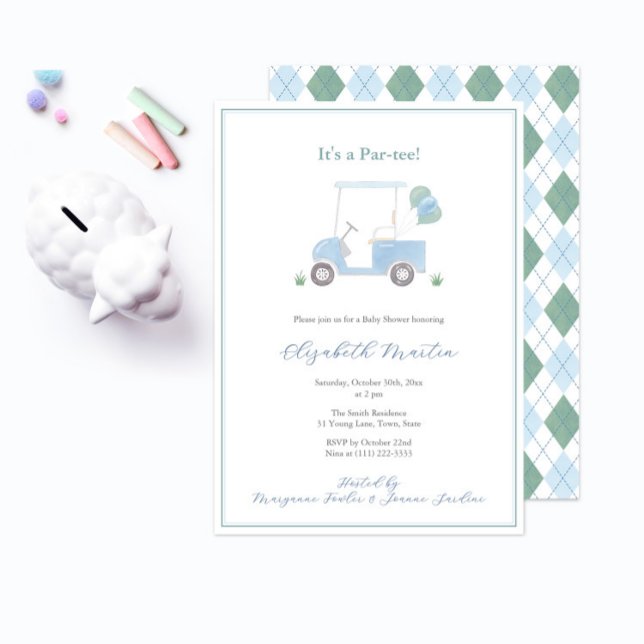 Invitation Baby Shower Garçon Panier de Golf Bleu Vert Prépa (it's a golf theme baby shower par-tee with pale blue golf cart and blue green diamond argyle pattern)