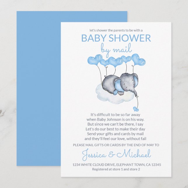 Invitation Baby shower garçon par Mail Blue Elephant sur Clou (Devant / Derrière)