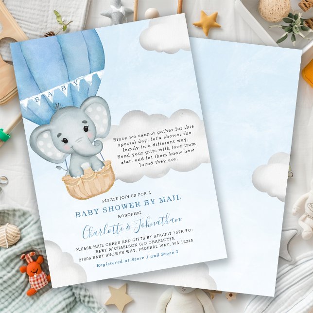 Invitation Baby shower Garçon Par Mail Elephant Blue (Boy Baby Shower By Mail Elephant Blue Invitation)