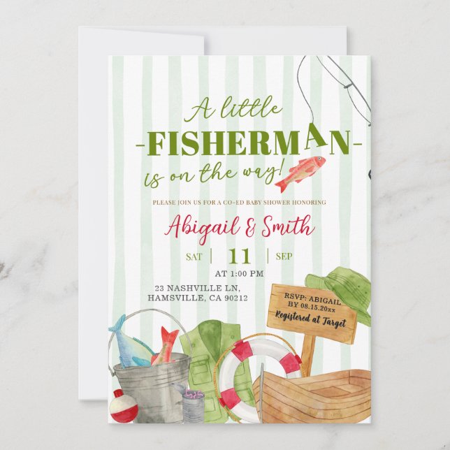 Invitation Baby Shower Garçon Pêche Rayures Vertes (Devant)