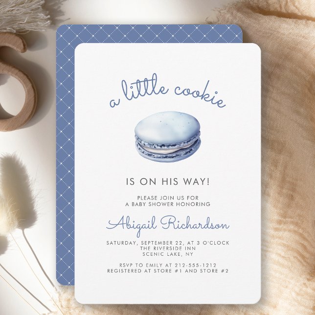 Invitation Baby Shower Garçon Petit Macaron Biscuit Bleu (Créateur téléchargé)