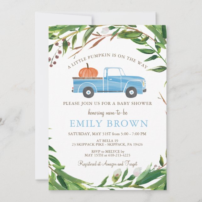 Invitation  Baby SHOWER garçon Petit PUMPKIN Camion Bleu (Devant)