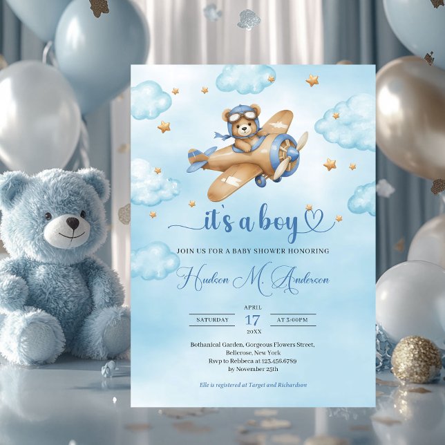 Invitation Baby shower garçon pilote d'ours en peluche mûre (teddy bear pilot brown and blue boy baby shower invitation)