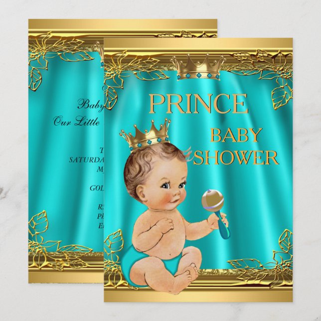 Invitation Baby shower garçon prince bébé Aqua sarcelle brune (Devant / Derrière)