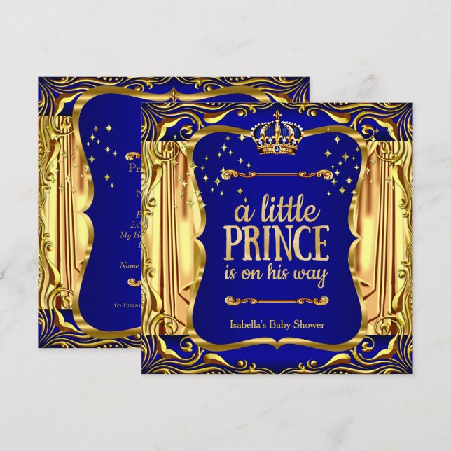 Invitation Baby Shower Garçon Prince Bleu Or (Devant / Derrière)