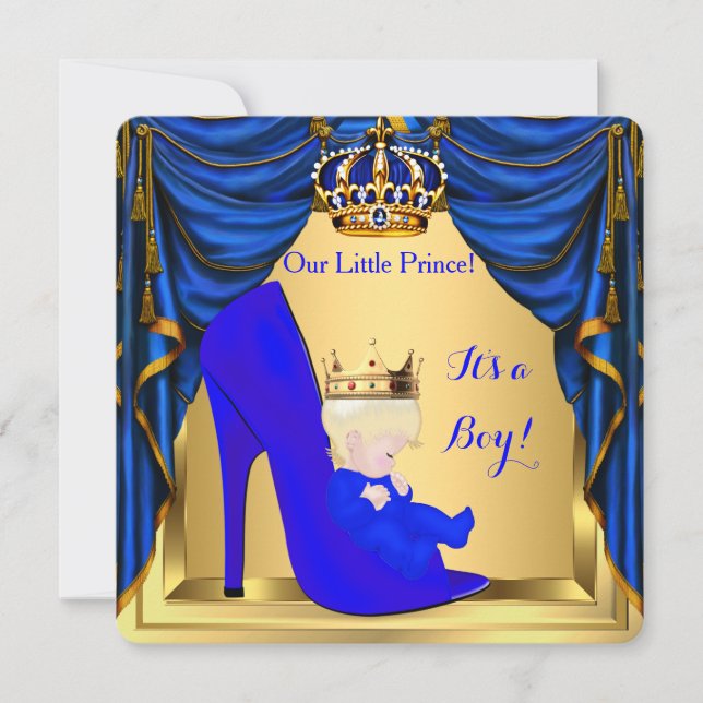 Invitation Baby Shower Garçon Prince Bleu Royal Chaussure Or  (Devant)