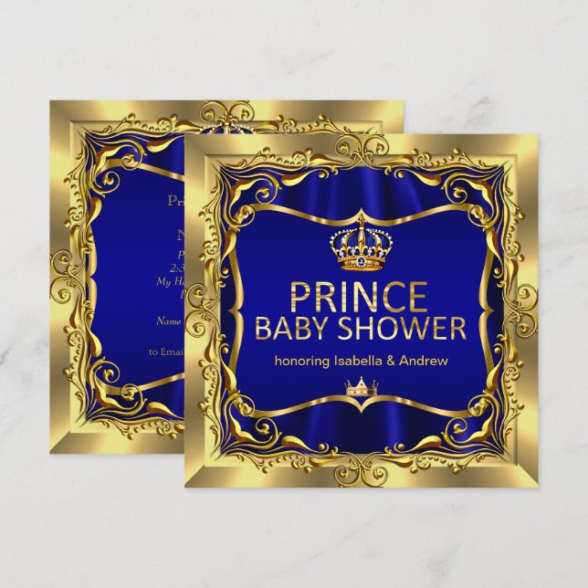 Invitation Baby Shower Garçon Prince Royal Bleu Or (Devant / Derrière)