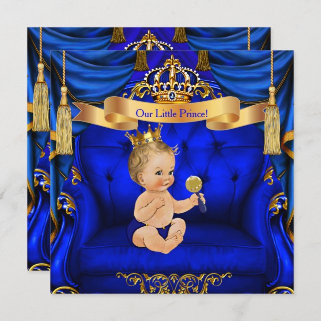 Invitation Baby shower Garçon Prince Royal Blue Gold Blonde g (Devant / Derrière)