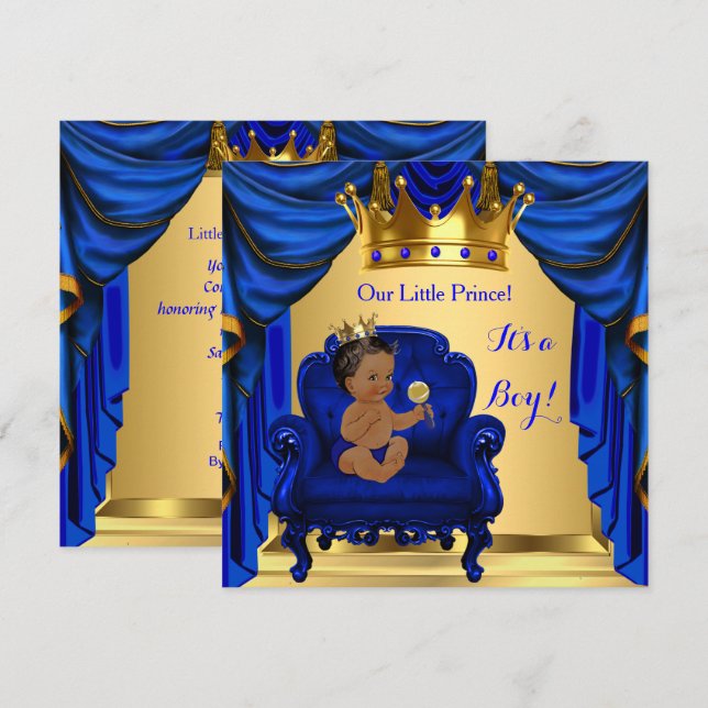 Invitation Baby shower garçon Prince Royal Blue Gold Dark Ski (Devant / Derrière)